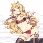  1girl bikini black_legwear blonde_hair blush bracelet cagliostro_(granblue_fantasy) chan_co flat_chest granblue_fantasy grin hairband jewelry long_hair looking_at_viewer navel revision simple_background smile solo swimsuit test_tube thigh-highs thigh_strap tiara violet_eyes 
