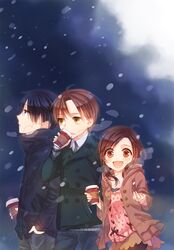  1girl 2boys amattle black_hair brown_hair coat kabeya_megumi kurage_kyuusuke long_hair multiple_boys paper_cup short_hair snowing yamabuki_satsuki 