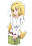  1girl belt blonde_hair blush breasts collarbone embarrassed flying_sweatdrops gundam_iron-blooded_orphans kudelia_aina_bernstein long_hair long_sleeves ponytail solo ueyama_michirou violet_eyes 