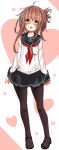  1girl :o ahoge bespectacled black_legwear blush brown_hair folded_ponytail full_body glasses heart highres inazuma_(kantai_collection) kantai_collection loafers looking_at_viewer mic_(folgore) open_mouth pantyhose red-framed_glasses school_uniform semi-rimless_glasses serafuku shoes short_hair simple_background sketch skirt solo under-rim_glasses 