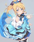  1girl ayase_eli bare_shoulders blonde_hair blue_dress blue_eyes blush capelet detached_sleeves dress earrings garter_straps highres jewelry layered_dress long_hair long_sleeves looking_at_viewer love_live!_school_idol_project makita_(twosidegekilove) ponytail smile solo thigh-highs zettai_ryouiki 