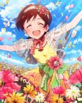  1girl artist_request blue_sky brown_hair butterfly closed_eyes clouds flower flower_bed hair_ornament idolmaster idolmaster_million_live! jpeg_artifacts kinoshita_hinata lens_flare open_mouth petals short_hair sky solo 