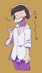  1boy black_hair brown_background buck_teeth closed_eyes cowboy_shot facial_hair heart heart_in_mouth highres iyami male_focus mustache netoro osomatsu-kun osomatsu-san simple_background solo toothbrush yawning 