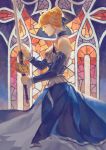  1girl bare_shoulders blonde_hair blue_dress choker closed_eyes detached_sleeves dress fate/stay_night fate_(series) folie_(cac82622) from_side hair_ribbon holding_sword holding_weapon ribbon saber solo stained_glass sword weapon 