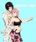  1boy 1girl black_hair blue_eyes blush bob_cut bra breasts bruno_bucciarati character_name choker cleavage green_eyes hair_ornament hairclip holding_hands jojo_no_kimyou_na_bouken mibemolle navel pink_hair short_hair skirt trish_una underwear 