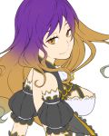  1girl adapted_costume ascot back bare_shoulders breasts brown_hair dress eye_contact eyelashes frilled_dress frills hijiri_byakuren large_breasts long_hair looking_at_another looking_at_viewer looking_back lowres purple_hair simple_background smile solo touhou yellow_eyes yuuzii 