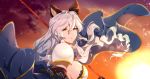  animal_ears armor breasts cape clouds heles laila_litta long_hair pauldrons sideboob silver_hair smile sunset tied_hair wind yellow_eyes 