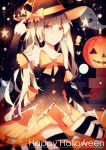  1girl alternate_eye_color alternate_hair_color blonde_hair ghost halloween happy_halloween hat hatsune_miku jack-o&#039;-lantern lococo:p looking_at_viewer smile solo striped striped_legwear thigh-highs vocaloid witch_hat yellow_eyes 