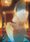  1girl 2015 back bath blurry bokeh dated depth_of_field door fate/stay_night fate_(series) glass holding holding_hair indoors irisviel_von_einzbern lens_flare long_hair naked_towel nude shuizhanglang solo sparkle stairs towel water wet white_hair 