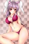 1girl animal_ears bikini blush breasts breasts_apart checkered checkered_background closed_mouth collarbone eyebrows eyebrows_visible_through_hair facing_viewer feet_out_of_frame front-tie_bra hair hair_between_eyes highres mizuki_(satukisen) navel purple_hair rabbit_ears red_eyes reisen_udongein_inaba side-tie_panties smile solo swimsuit thighs touhou two-piece_swimsuit