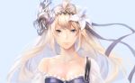  1girl armor bangs bare_shoulders blonde_hair blue_background blue_eyes breasts cleavage closed_mouth flower granblue_fantasy hair_flower hair_ornament hair_ribbon jeanne_d&#039;arc_(granblue_fantasy) lily_(flower) long_hair looking_at_viewer portrait pump-uh ribbon simple_background smile solo 