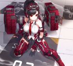  1girl bare_shoulders black_hair gloves kfr necktie original red_eyes science_fiction short_hair solo thigh-highs weapon 