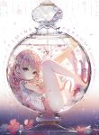  1girl artist_name bare_legs barefoot bottle dated flower frills hair_flower hair_ornament in_bottle in_container liquid looking_at_viewer original perfume_bottle pink_eyes pink_hair repi987 short_sleeves solo submerged 