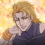  1boy birthmark blonde_hair chin_rest collarbone dio_brando earrings jewelry joestar_birthmark jojo_no_kimyou_na_bouken male_focus solo tanakaoften wrist_cuffs yellow_eyes 