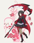  1girl black_hair boots bullet dress flower frilled_skirt frilled_sleeves frills hooded_cloak iesupa looking_at_viewer pantyhose rose ruby_rose rwby scythe short_hair skirt smile solo tagme 