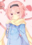  1girl alternate_costume blush casual hairband highres komeiji_satori namayakeinu pink_eyes pink_hair sash scarf solo third_eye touhou winter_clothes 