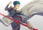  1boy armor blue_hair cape fate/stay_night fate_(series) folie_(cac82622) hair_tie lance lancer_(fate/zero) male_focus orange_eyes polearm ponytail shoulder_armor solo spiky_hair weapon 