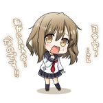  1girl april_fools brown_eyes brown_hair hair_ornament hairclip ikazuchi_(kantai_collection)_(cosplay) inazuma_(kantai_collection) kadose_ara kantai_collection kneehighs looking_at_viewer lowres neckerchief open_mouth school_uniform serafuku short_hair skirt translation_request wavy_mouth 