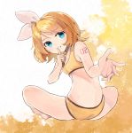  1girl alternate_costume ass bangs barefoot blonde_hair blue_eyes bow finger_to_mouth full_body goiro_(doukutsuwa) grin hair_bow hair_ribbon hairband index_finger_raised indian_style kagamine_rin looking_at_viewer midriff number outstretched_hand ribbon short_hair shushing sitting sleeveless smile swept_bangs tattoo vocaloid white_bow 