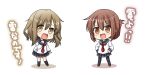  2girls april_fools brown_eyes brown_hair commentary_request fang folded_ponytail hair_ornament hairclip ikazuchi_(kantai_collection) ikazuchi_(kantai_collection)_(cosplay) inazuma_(kantai_collection) inazuma_(kantai_collection)_(cosplay) kadose_ara kantai_collection kneehighs looking_at_viewer multiple_girls neckerchief open_mouth pantyhose school_uniform serafuku short_hair skirt translation_request wavy_mouth 