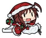  0_0 1girl ahoge alternate_costume bamomon box capelet chibi commentary_request fairy_(kantai_collection) fang gift gift_box hat kantai_collection kuma_(kantai_collection) lowres open_mouth santa_costume santa_hat solo white_legwear 