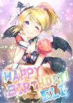  1girl ayase_eli bat_wings blonde_hair blue_eyes crescent_moon english halloween_costume happy_birthday hat highres kyol-2 love_live!_school_idol_project moon one_eye_closed ponytail pumpkin star wings witch_hat 