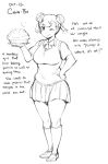  1girl blush breasts character_name character_profile english food frilled_legwear gebyy-terar hair_ornament hand_on_hip highres kneehighs large_breasts monochrome one_eye_closed original plump school_uniform sketch smile solo tagme 
