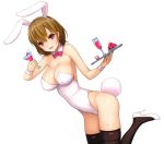  1girl animal_ears asahashi_tsuyu breasts brown_hair bunny_girl bunny_tail bunnysuit cleavage detached_collar looking_at_viewer original rabbit_ears short_hair smile solo tail thigh-highs tray violet_eyes wrist_cuffs 