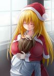  1boy 1girl blonde_hair breasts closed_eyes creek_(moon-sky) hat hug huge_breasts large_breasts santa_costume santa_hat smile 