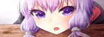  1girl :o as_(27273212) head_on_table looking_at_viewer low_twintails open_mouth purple_hair solo twintails violet_eyes vocaloid voiceroid wood yuzuki_yukari 
