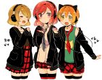  3girls blush brown_hair closed_eyes dress english hair_ornament hairpin hands_together headphones hoodie hoshizora_rin izumi_kirifu jewelry koizumi_hanayo love_live!_school_idol_project miniskirt multiple_girls necklace necktie nishikino_maki off_shoulder open_mouth orange_hair plaid redhead short_hair shorts skirt smile tagme tank_top thigh-highs violet_eyes 