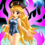  1girl blonde_hair blush breasts frown hat junko_(touhou) large_breasts long_hair red_eyes school_swimsuit shiny shiny_clothes shiny_skin swimsuit touhou very_long_hair winn 