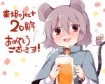  1girl akagashi_hagane alcohol animal_ears beer beer_mug blush capelet copyright_name drunk full-face_blush grey_hair long_sleeves looking_at_viewer mouse mouse_ears mouse_tail nazrin open_mouth red_eyes short_hair smile solo tail text touhou turtleneck upper_body white_background 