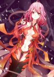  1girl akira_(ying) bare_shoulders black_legwear breasts center_opening cleavage detached_sleeves elbow_gloves fingerless_gloves gloves guilty_crown hair_ornament hairclip long_hair looking_at_viewer navel pink_hair red_eyes solo thigh-highs twintails yuzuriha_inori 