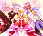  1boy 2girls akagi_towa albino blonde_hair bow brooch closed_eyes cure_flora earrings flower flower_necklace gloves go!_princess_precure happy haruno_haruka highres holding_hands ivory_(25680nico) jewelry long_hair magical_girl multicolored_hair multiple_girls necklace pants pink_hair pink_skirt pointy_ears precure prince_kanata quad_tails red_bow red_eyes scepter skirt streaked_hair thigh_gap twilight_(go!_princess_precure) two-tone_hair white_gloves white_hair wrist_cuffs 