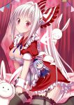  1girl :3 bow character_doll fujiwara_no_mokou garter_straps givuchoko hair_bow highres kamishirasawa_keine pink_eyes rabbit silver_hair solo touhou 