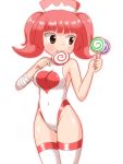  1girl a-ktoo bandages candy hat highres leotard lollipop milk_(pop&#039;n_music) nurse nurse_cap pop&#039;n_music red_eyes redhead solo standing swirl_lollipop thigh-highs twintails 