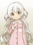  1girl blush buttons head_tilt long_hair mahou_shoujo_madoka_magica momoe_nagisa oda_takayuki pajamas scrunchie smile solo two_side_up vertical_stripes white_hair 