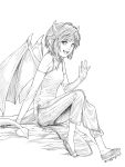  1girl :d bare_shoulders bat_wings capri_pants demon_girl demon_tail devil_horns draco_centauros elbow_gloves gloves lips looking_at_viewer monochrome oda_takayuki open_mouth pants pointy_ears puyopuyo shoes short_hair sitting smile solo tail waving wings 