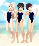  3girls beach black_eyes blonde_hair brown_eyes brown_hair competition_swimsuit fubuki_(kantai_collection) green_eyes hair_ribbon highres interlocked_arms kantai_collection long_hair multiple_girls mutsuki_(kantai_collection) one-piece_swimsuit ribbon short_hair sidelocks swimsuit telaform yuudachi_(kantai_collection) 