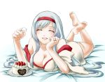  1girl bare_shoulders barefoot blue_panties breast_press breasts cake cleavage closed_eyes collarbone cream facing_viewer food fruit hairband happy happy_birthday japanese_clothes jewelry kantai_collection large_breasts long_hair lying miko no_pants off_shoulder on_bed on_stomach open_mouth panties ring sakutsuki shoukaku_(kantai_collection) silver_hair smile solo strawberry underwear white_background 