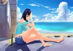  1girl bare_shoulders barefoot beach black_hair blue_sky clouds cup drinking_glass green_eyes hand_on_own_head hat highres light_smile long_hair nico_robin ocean one_piece shorts sitting sky skyline smile solo straw_hat t-shirt wine_bottle wine_glass 