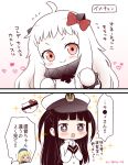  &gt;_&lt; 2koma 3girls :&gt; ahoge atago_(kantai_collection) blonde_hair brown_hair closed_eyes closed_mouth comic commentary_request female_admiral_(kantai_collection) gloves hair_ribbon hat hello_kitty kantai_collection long_hair long_sleeves migu_(migmig) military military_uniform mittens multiple_girls northern_ocean_hime open_mouth peaked_cap red_ribbon ribbon sparkle sweat translation_request twitter_username uniform wavy_mouth white_gloves white_hair 