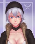 1girl blue_eyes breasts cleavage collarbone eliskalti fur_trim hat league_of_legends leather_jacket lips looking_at_viewer nose portrait realistic sejuani shirt short_hair solo 