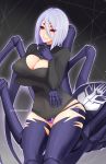  1girl amanda_evelyn_earl arachne artist_name bow bow_panties breasts carapace claws cleavage extra_eyes eyes_visible_through_hair highres insect_girl lavender_hair long_sleeves monster_girl monster_musume_no_iru_nichijou multiple_legs open-chest_sweater panties parted_lips purple_panties rachnera_arachnera red_eyes silk solo spider_girl spider_web sweater underwear 