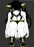  1girl animal_ears breasts cat_ears cat_tail chain collar fingernails grey_background hohehohe looking_at_viewer original scar sharp_fingernails shoes simple_background sneakers solo squatting tail yellow_eyes 