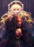  1girl black_dress blonde_hair chinese_clothes covering_mouth dress hat junko_(touhou) long_sleeves looking_at_viewer nose red_eyes ribbon solo tabard touhou wide_sleeves 