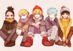  5boys ^_^ ahoge aqua_eyes bangs black_eyes black_hair blonde_hair blue_eyes blue_hair blunt_bangs boots brown_pants closed_eyes coat cross-laced_footwear green_eyes grey_legwear grey_pants hand_on_own_face hands_in_pocket hat head_rest head_tilt hood_down hooded_jacket kneehighs lace-up_boots long_hair metal_lee mitsuki_(naruto) multiple_boys nara_shikadai naruto open_mouth pale_skin pants pom_pom_(clothes) ponytail red_shoes scarf shirt shoes short_hair shorts simple_background sitting smile spike_(fluffyspiky) striped striped_pants striped_shirt sweater uzumaki_boruto whiskers yamanaka_inojin yellow_sweater zipper 