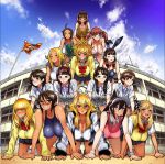  6+girls :d animal_ears bikini blonde_hair blush bowtie brown_hair bunnysuit closed_eyes covered_nipples dark_skin detached_collar glasses grin highres human_pyramid jewelry kogal leopard_(artist) long_hair looking_at_viewer multiple_girls necklace one-piece_swimsuit open_mouth original rabbit_ears red_eyes school_uniform short_hair smile striped striped_bikini striped_swimsuit sweatdrop swimsuit teeth twintails 