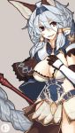  1girl animal_ears armor armored_dress bangs black_gloves braid breasts cat_ears cleavage dress elbow_gloves gloves granblue_fantasy grey_background hair_between_eyes hair_intakes hair_tubes hairband hand_on_own_chest heles large_breasts long_hair looking_away looking_to_the_side mikoto_(oi_plus) open_mouth polearm red_eyes short_dress shoulder_pads silver_hair simple_background single_braid smile solo spear spikes vambraces weapon 